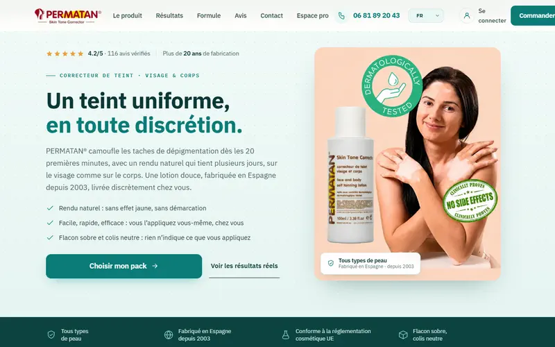 Page d'accueil du site e-commerce PERMATAN, correcteur de teint vendu en ligne