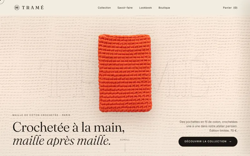 Page d'accueil du site TRAMÉ, pochettes en maille crochetee main a Paris
