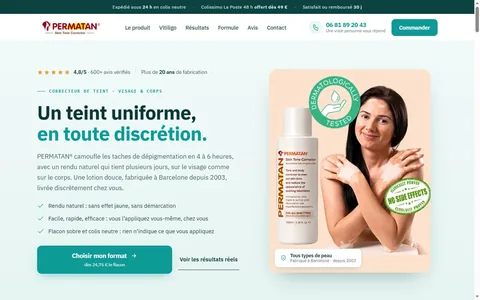Capture du site e-commerce PERMATAN, correcteur de teint spécialisé vitiligo