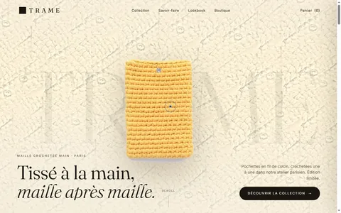 Capture du site TRAME Paris, pochettes en maille crochetée main